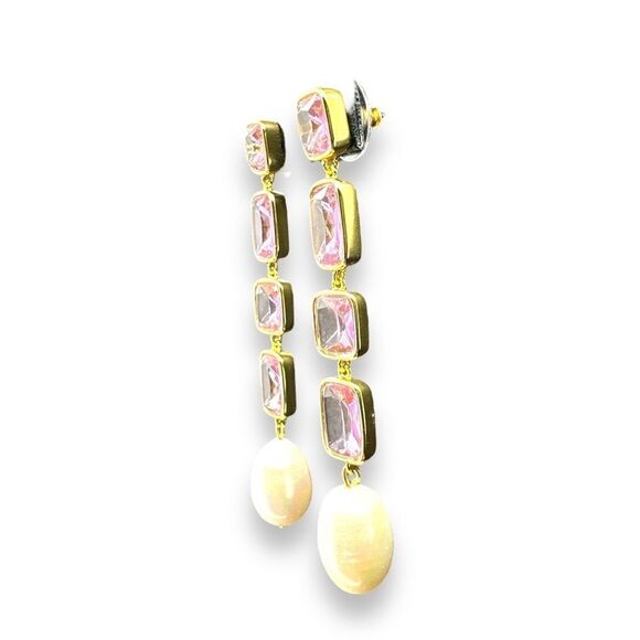 J. Crew Pink Crystal and Pearl Drop Earrings Gold Plated - Picture 4 of 8